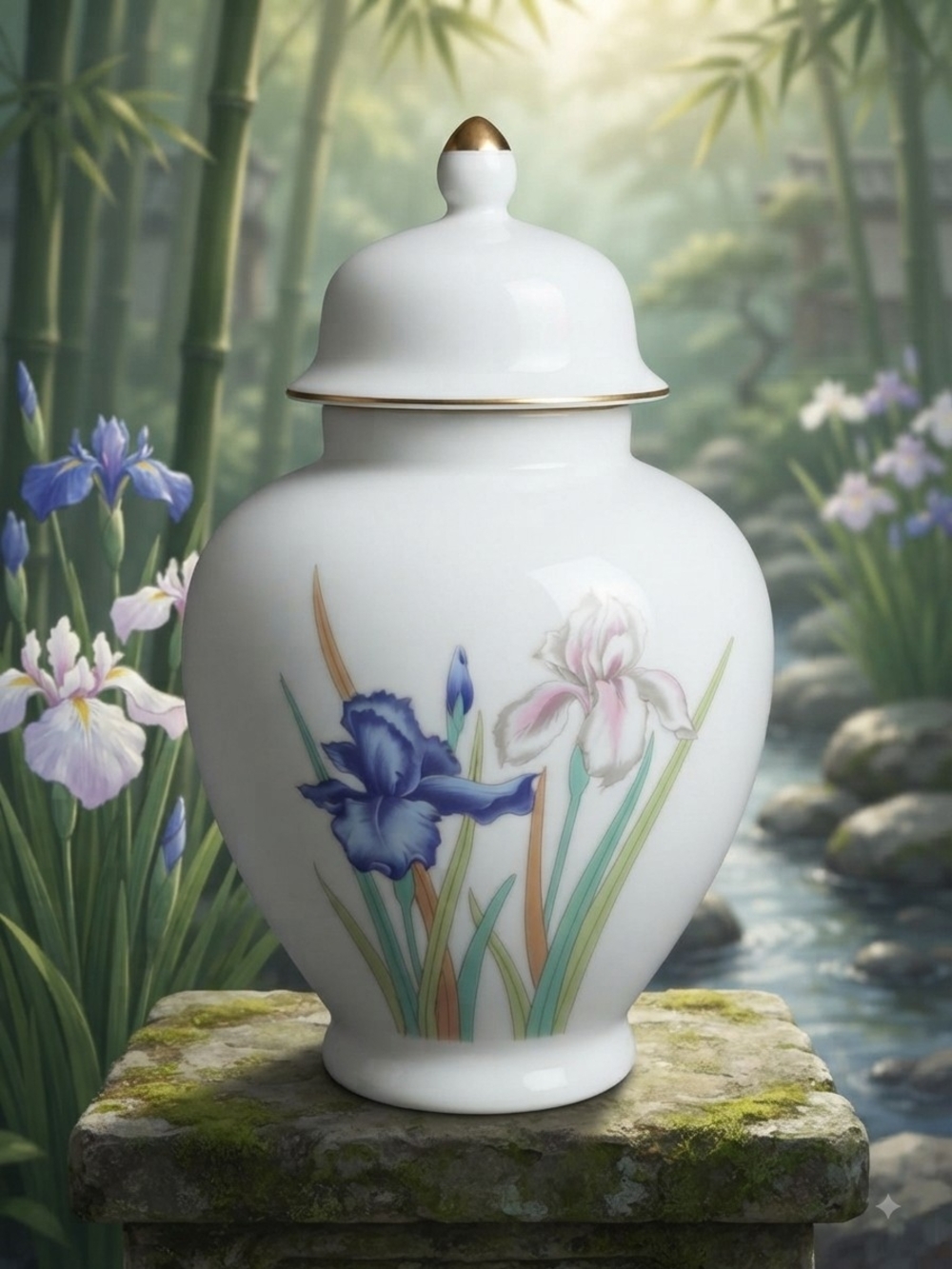 Vintage Iris Japan White Porcelain Ginger Jar Gold Trim Floral Lid